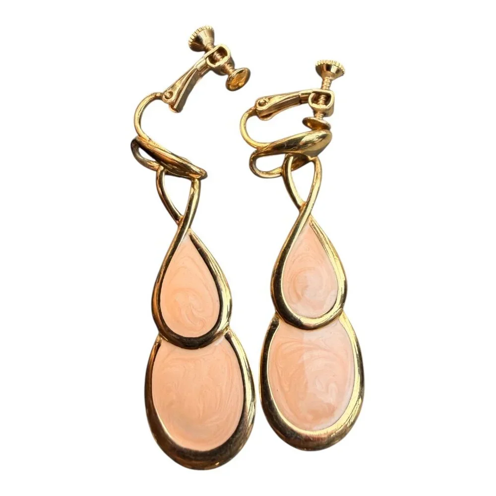 Napier Gold Tone Pink Swirl Enamel Teardrop Clip-On Earrings Vintage 1970s-80s - Picture 3 of 10